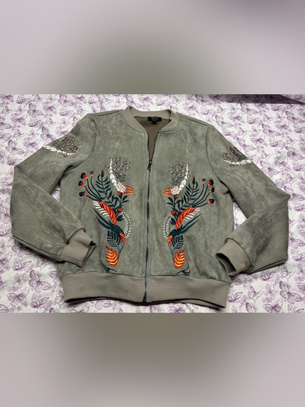 ⚛️privy Suede Embroidered Floral Bomber Jacket